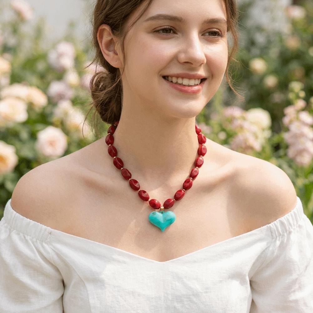 Colorful Heart Pendant Necklace Multi-Color Statement Jewelry Unique Bead Choker Vacation Wear