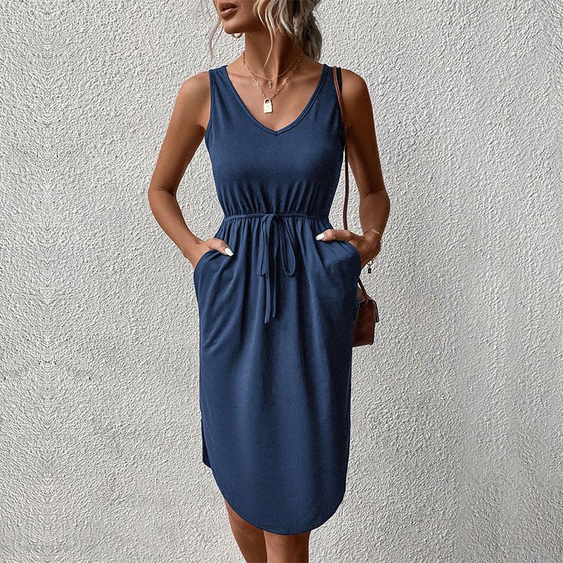 Женское летнее шикарное платье без рукавов сплошного цвета с V-образным вырезом на шнуровке