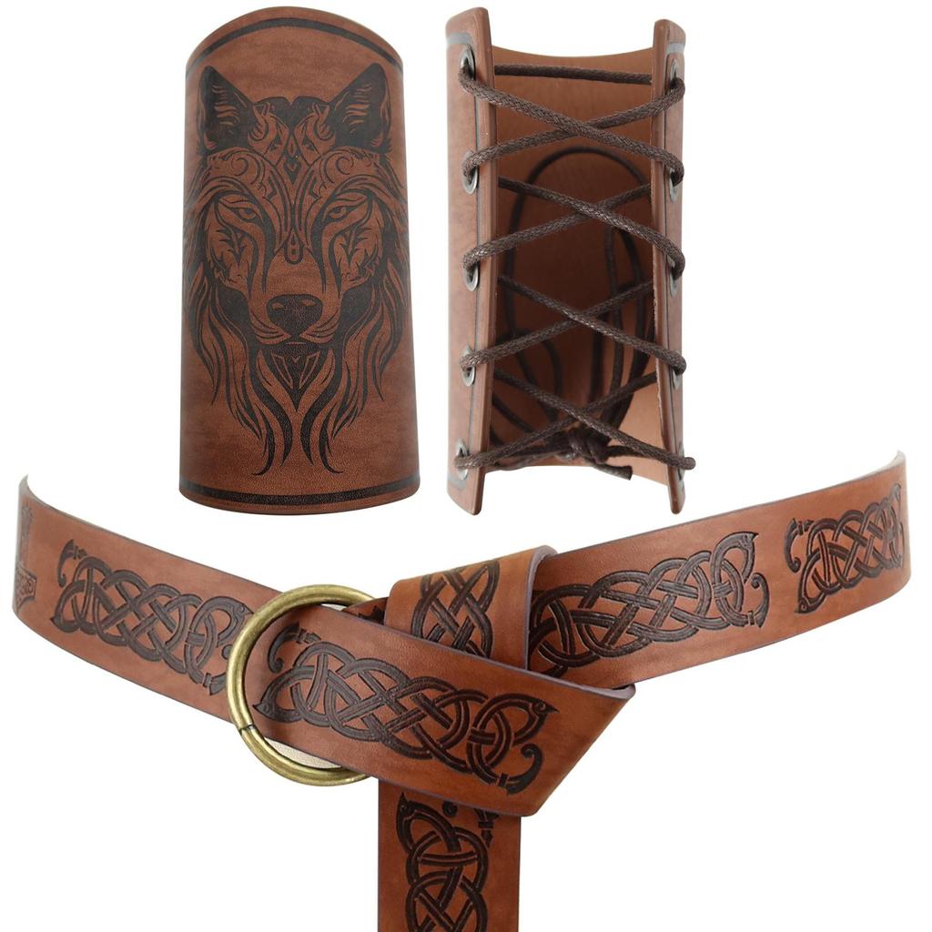 Medieval Knight Embossed Viking-Style Bracer with Adjustable O-Ring Belt for Cosplay