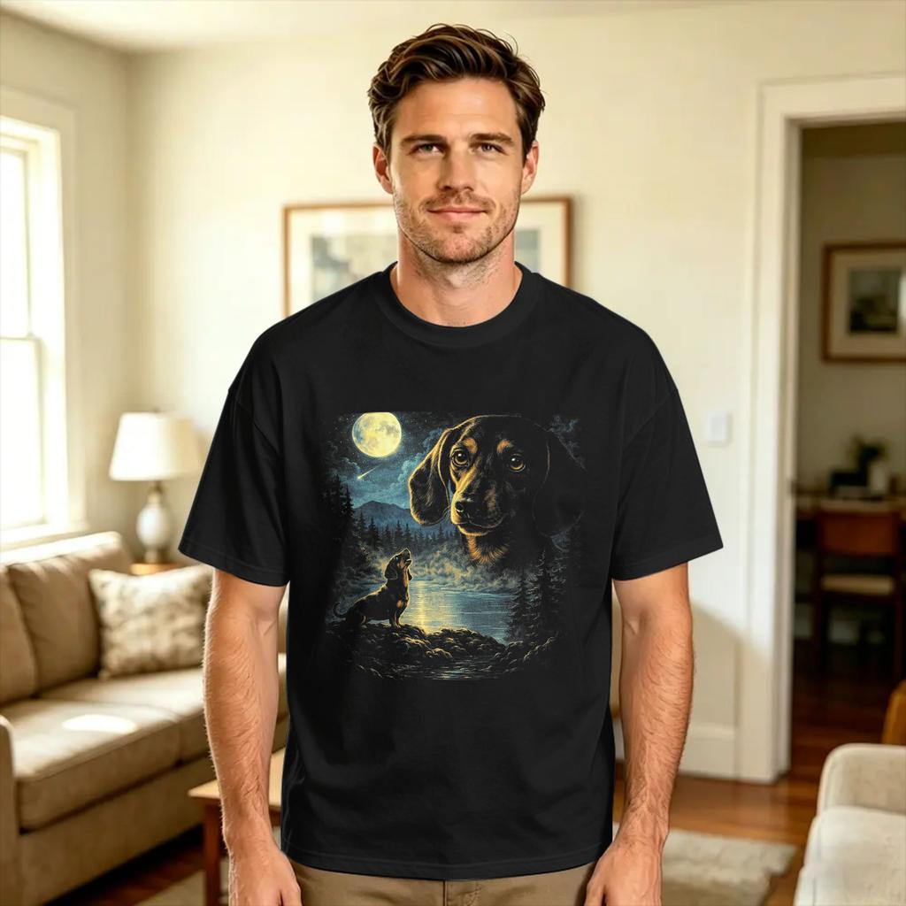 Dachshund Howling At The Moon Retro Graphic Dog Lovers T Shirt Summer Cotton T Shirts For Unisex Print Tee Shirt Y2k Casual Tops