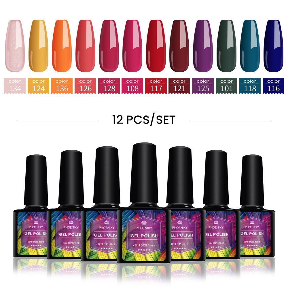 PHOENIXY Набор гель-лаков для ногтей, 12 цветов, набор геля для замачивания с чистым цветом для дизайна ногтей, стартовый набор для начинающих, сделай сам, дома