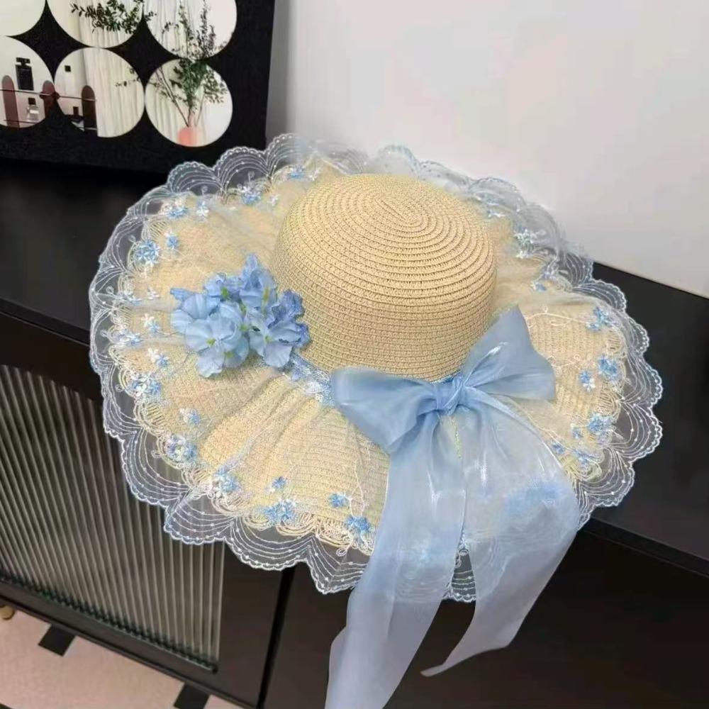 Floral Design Woman's Straw Hat Elegant Sun Protection Cap Lace Brim Sunshade Cap Casual Wear