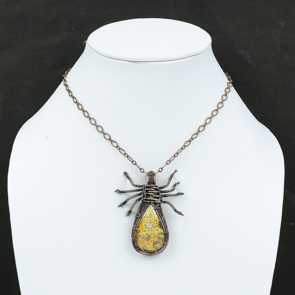 Подвеска из ископаемого коралла, подвеска из медной проволоки, подвеска ручной работы, подвеска из ископаемого коралла, драгоценный камень, подвеска в виде паука, медная подвеска, подарок для мамы