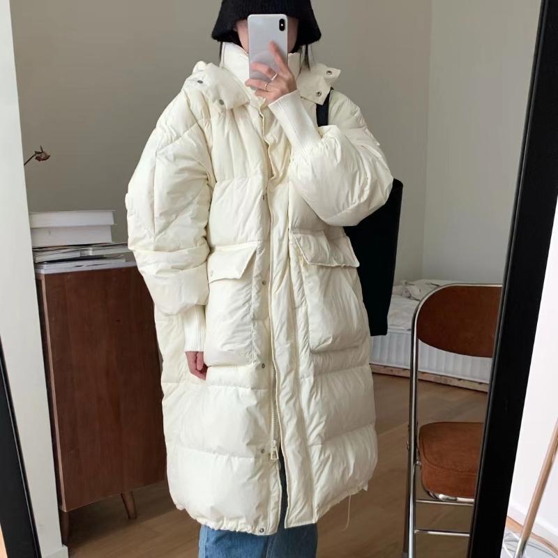 2024 New Casual Long Sleeve Thickened Warm Hooded Down Coats Women Winter Solid Office Lady Long Overcoat Korean Fashion Outerwear Autumn