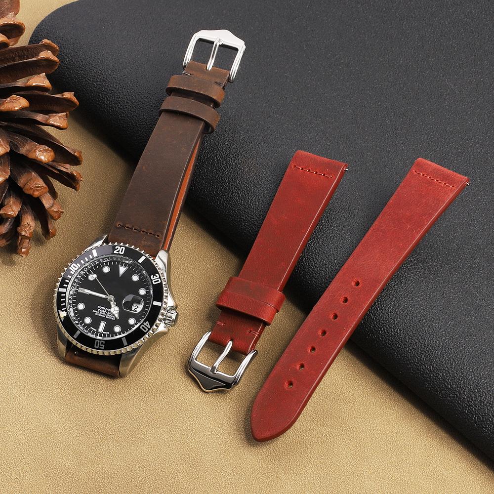 17mm 19mm 20mm Vintage Leather Watch Strap Blue Red Green Colors Crazy Horse Leather With Quick Release Replacement Watchband