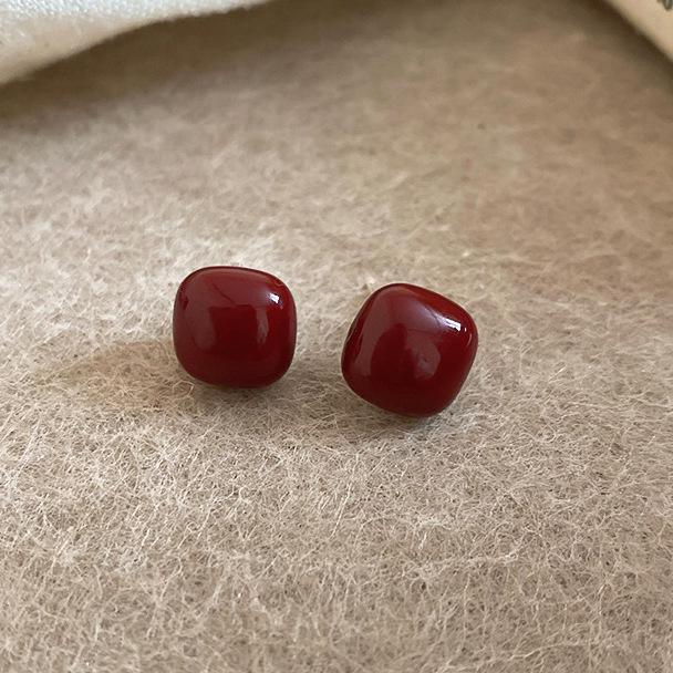 Ankara Red Stud Earrings: Silver Needle Drip Oil, Simple and Versatile Fashion for Women.