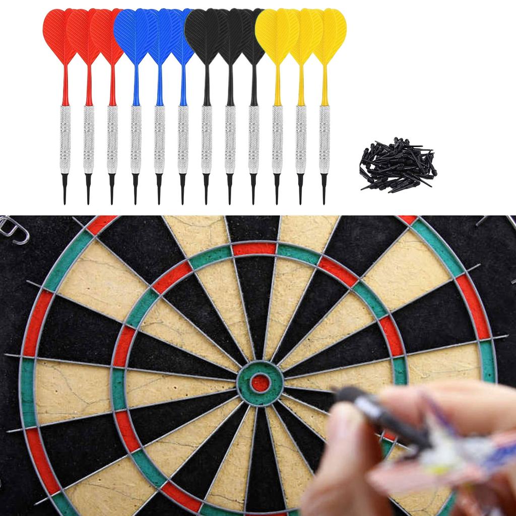 Safe Darts 12Pieces 14g Darts Set Soft Plastic Tip Plastic Barrels Iron Nickel Plated Shaft Plastic Flight with 100 Tips