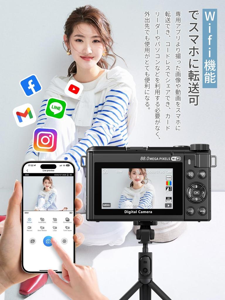 AiMike 8K Digital Camera with Wi-Fi Transfer, Smartphone Transfer, 88MP Display, 180° Rotatable Display, 64GB Micro SD Card Included, 48MP Effective