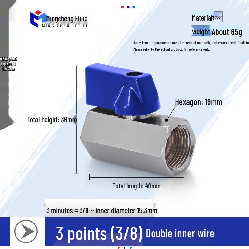 Compact Ball Valve with Double Male/Female Thread, Sizes 1/4", 3/8", 1/2", Pneumatic Polished Electroplated Switch Valve Accessory.