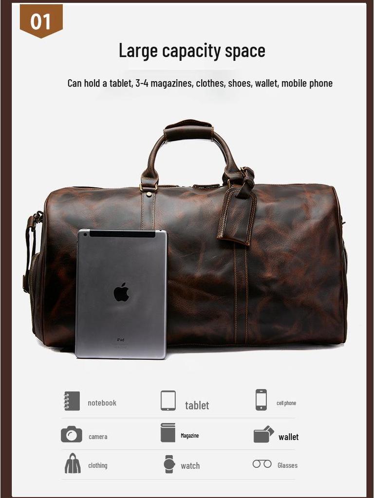 Мужская кожаная дорожная сумка с отделением для обуви - Винтажная кроссбоди ручная кладь