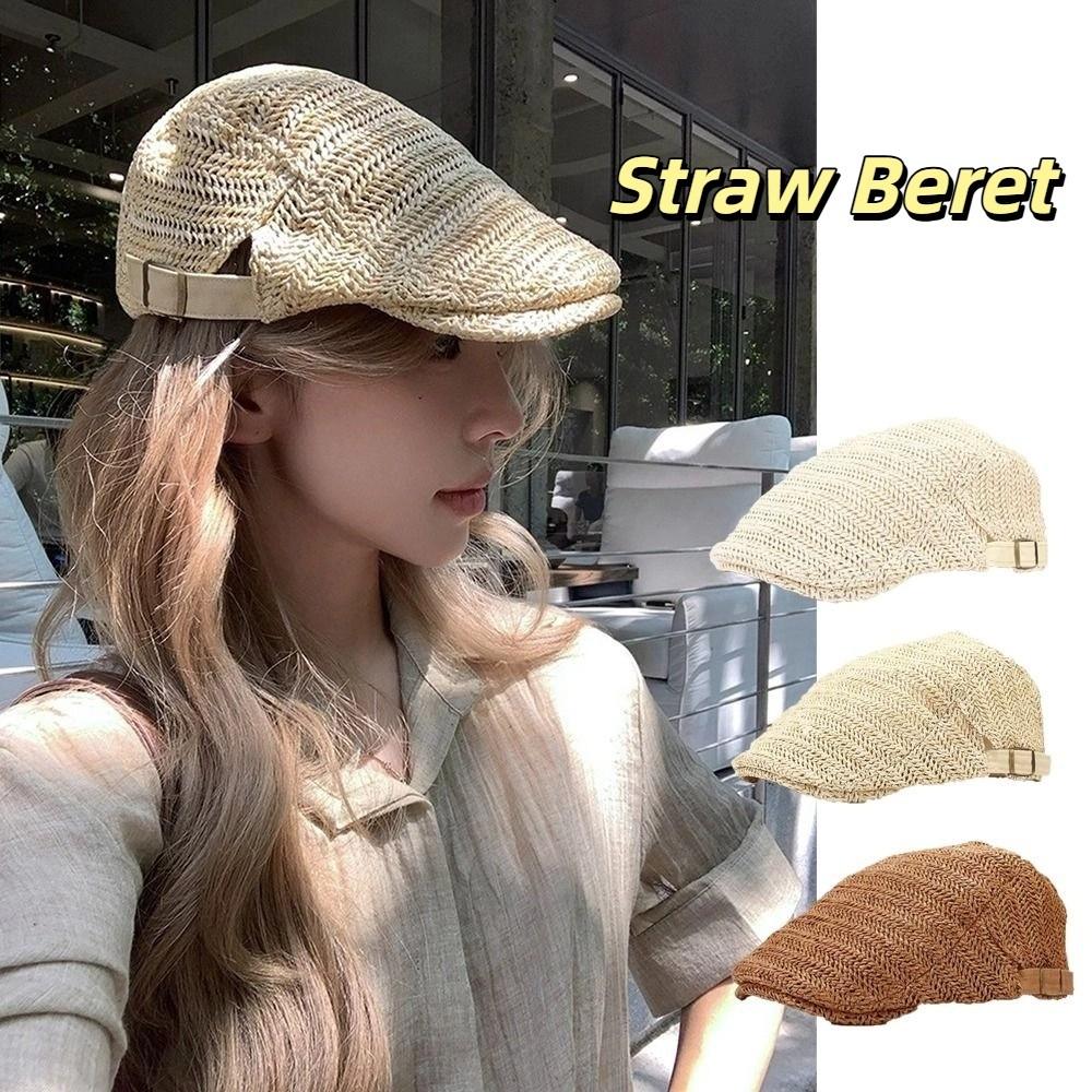 Flat Straw Beret Vacation Painter Beret Breathable Straw Newsboy Cap Unisex