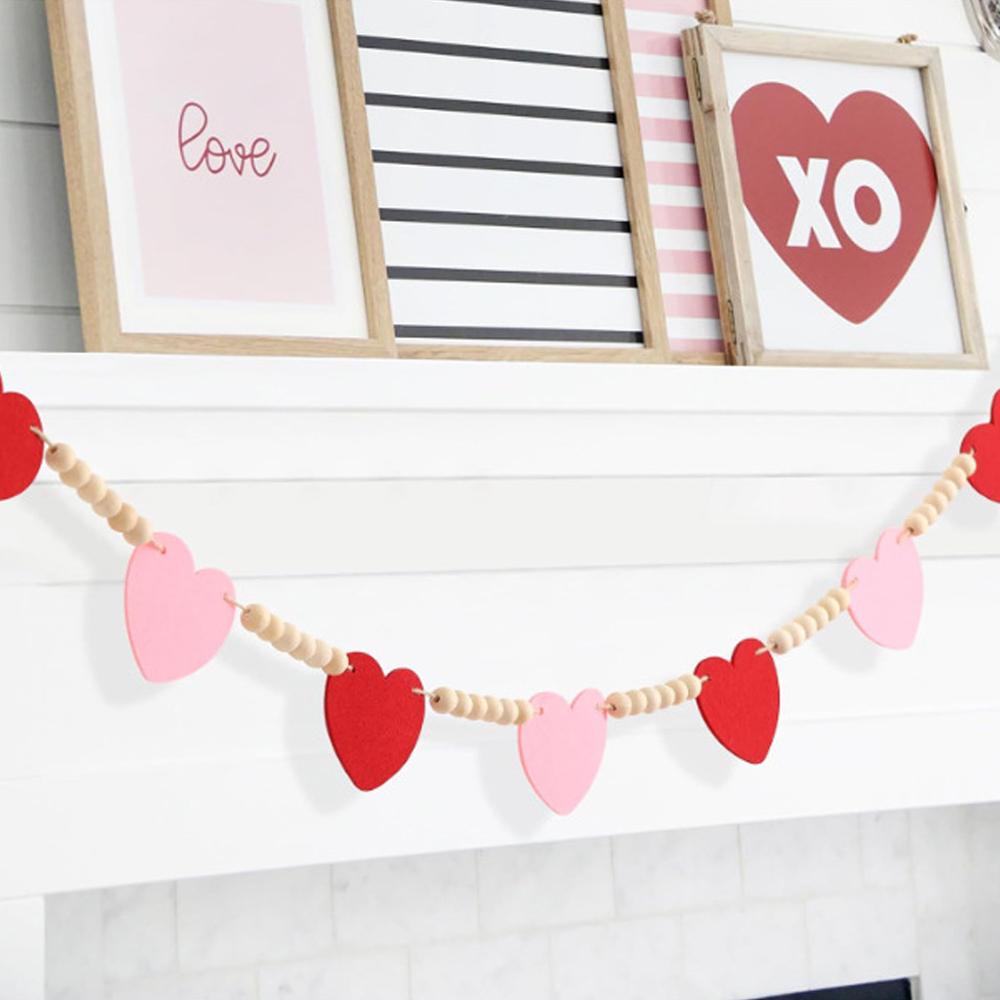Valentines Day Decor Red Pink Felt Heart Wooden Bead Garland Decorative Romantic Hangings Ornaments