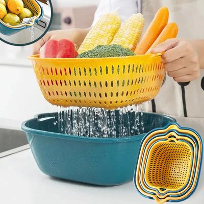 Многофункциональная корзина для мытья посуды для фруктов и овощей, двухслойная дренажная корзина, пластиковая полая дренажная корзина