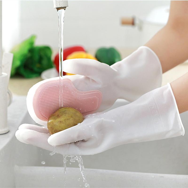 1 Pair Dishwashing Cleaning Gloves Magic Silicone Rubber Dish Washing Glove for Household Kitchen Cleaning Brush