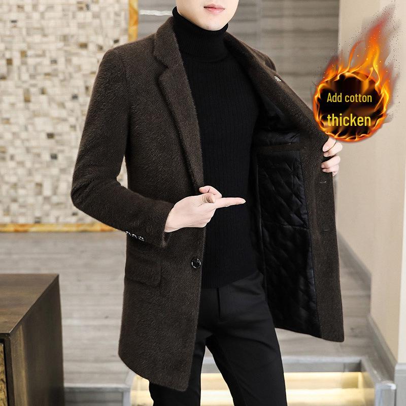 Мужской шерстяной тренч средней длины - Золотистый соболиный бархат, Утепленный, Зимний, с воротником