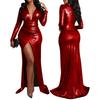 Women Sexy Shiny Metallic Deep V Neck Long Sleeve Ruched High Side Slit Bodycon Maxi Dress Evening Cocktail Party Prom Night Out Formal Gown