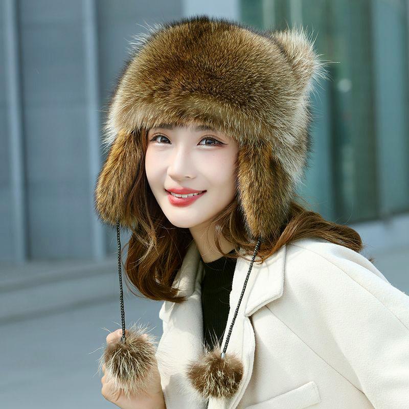 Cute Raccoon Tail Plush Cap Women Winter Windproof Thick Warm Ears  Outdoor Ear Flaps Bomber Hat  Hat