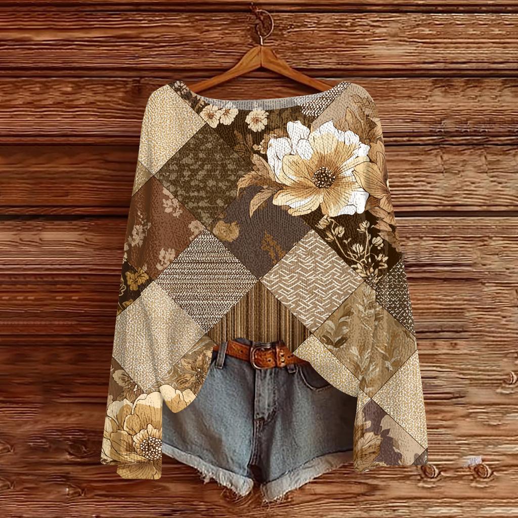 Women's Lightweight Sweater Casual Long Sleeve Knitted Vintage Floral Print Pullover