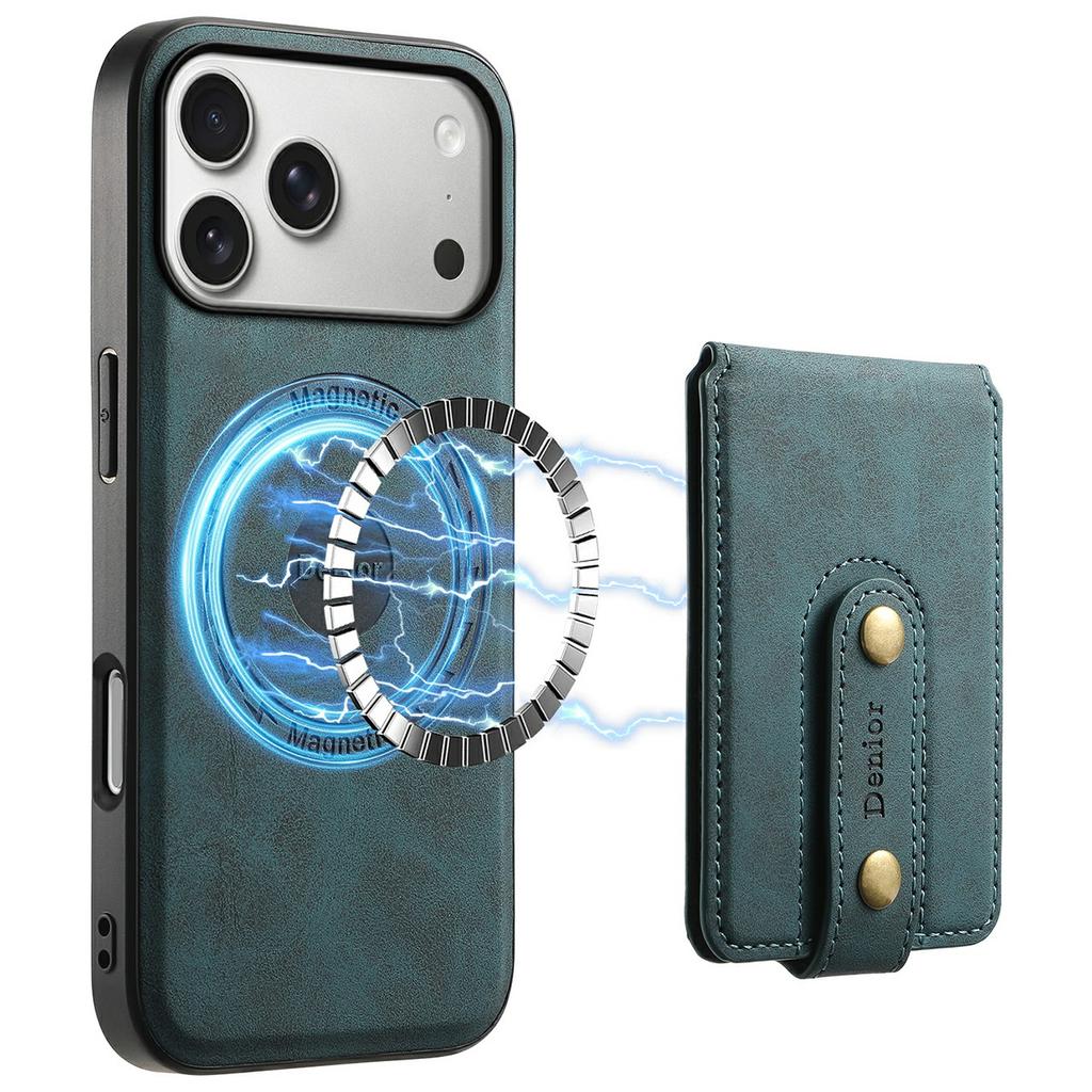 DENIOR D14 For iPhone 17 Pro Magnetic Case with Detachable Card Holder Kickstand PU+TPU+PC Phone Cover