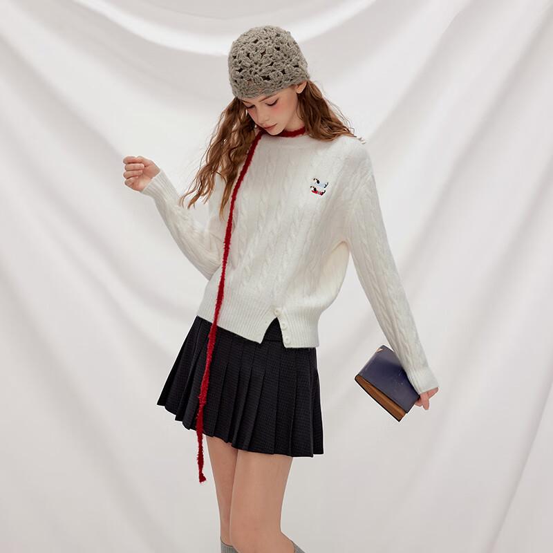 unifree Women's Cable Knit Puppy Embroidered Round Neck Sweater