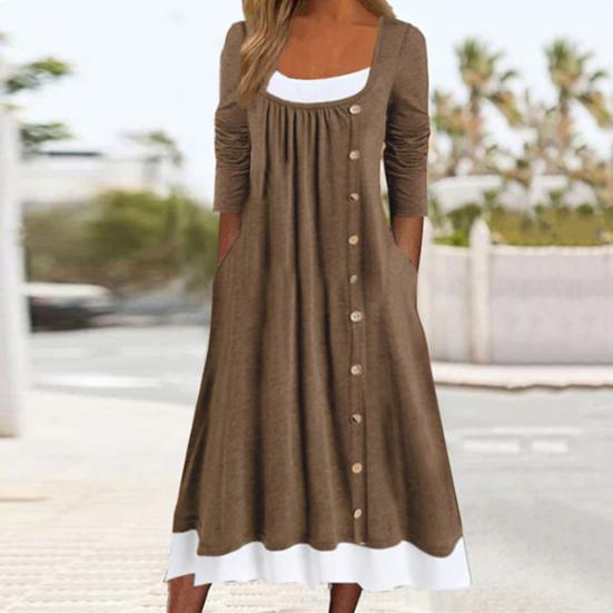 Женское осеннее платье, подходящее по цвету лоскутное платье из двух частей, плиссированное платье с пуговицами, трапециевидное платье с боковыми карманами и длинными рукавами, с круглым вырезом, миди-платье