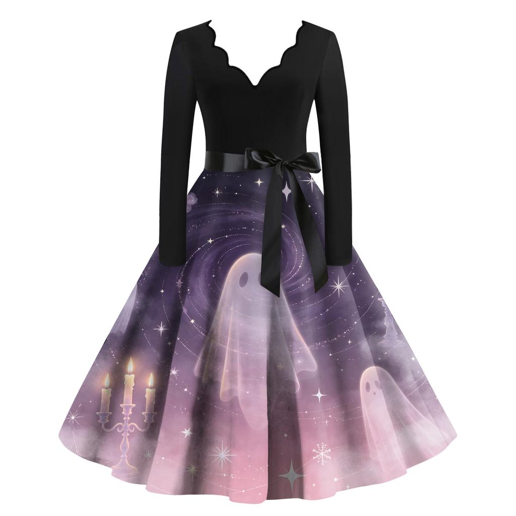 Women's Halloween Printed Long Maxi Dress for Costume Party