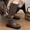Кожаные толстоподошвенные с круглым носком ретро с пряжкой на ремне потертые длинные сапоги женские осенне-зимние средней высоты сапоги сапоги-рыцари
