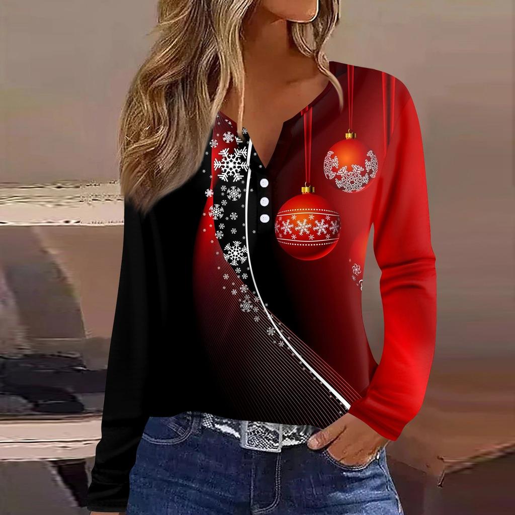 Женская футболка с рождественским принтом на пуговицах с длинным рукавом, повседневная, выходного дня, модная, базовая, с V-образным вырезом, обычная
