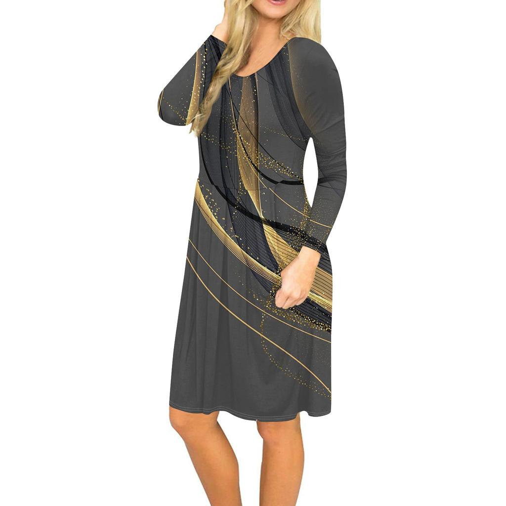 Женское платье с длинным рукавом, плиссированное, свободное, повседневное платье с карманами, платья длиной до колена