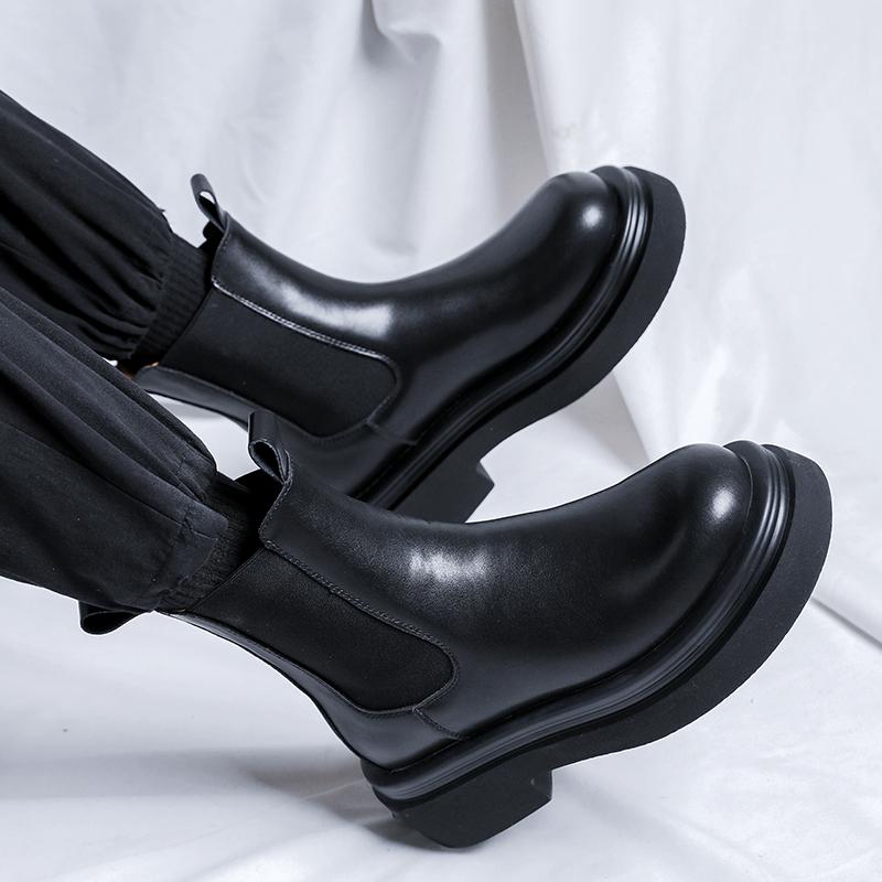 FashionAutumn Winter Leather Chelsea Boots for Men Slip On Platform Shoes Men Casual Plush Warm Ankle Boots Thick Sole Motorcycle Boots