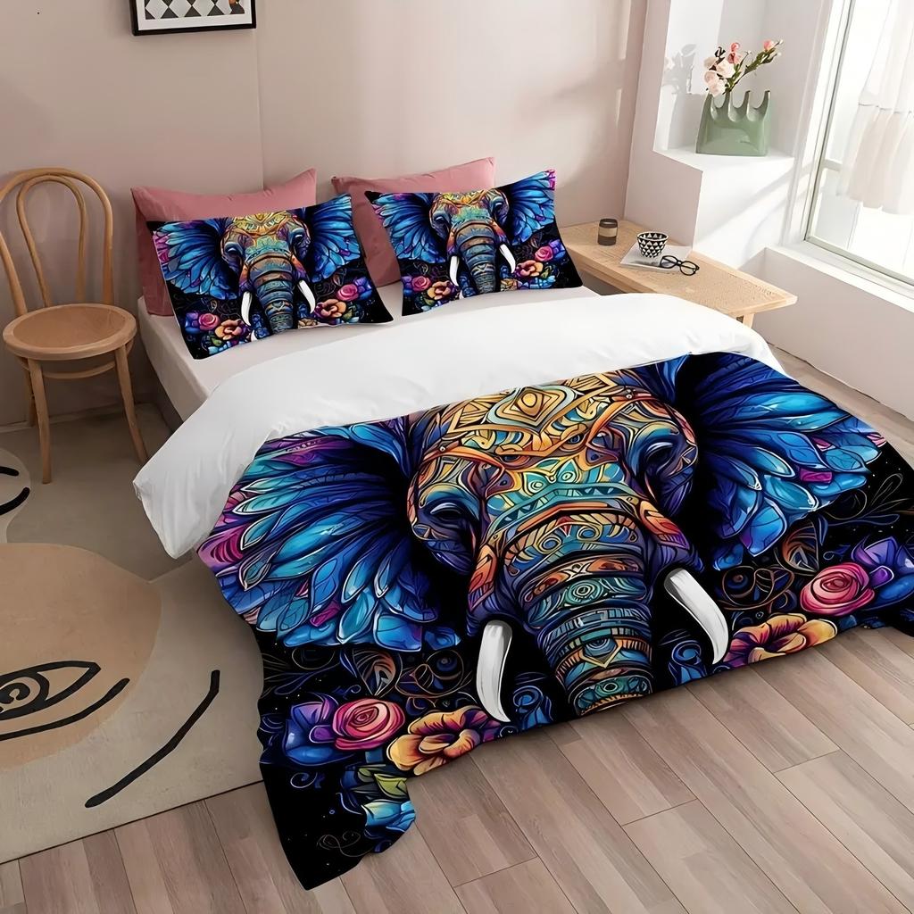 Colorful Elephant Flowers Pattern 3D Print Duvet Cover Soft Comfortable Luxury Bedding Set Wildlife Theme Quilt Cover Pillowcase