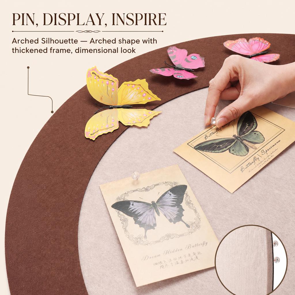Arch Felt Bulletin Board, 9mm Thick Push-Pin Board, No-Drill Adhesive Wall Mount, Brown or Cream, 40x60cm / 60x80cm