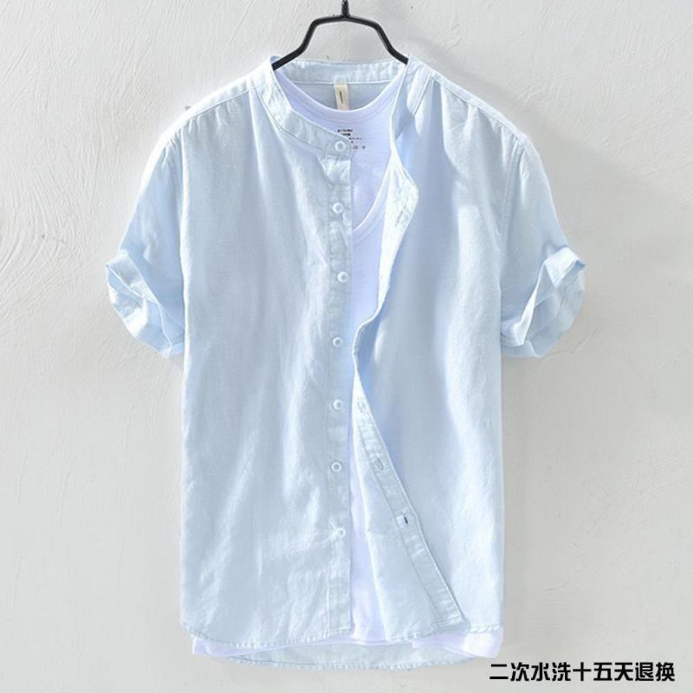 Рубашка с коротким рукавом Мужская Воротник-стойка Свободная Ретро Тонкая Дышащая Универсальная Дюймовая одежда Темно-синий Хлопок Лен Простая Повседневная