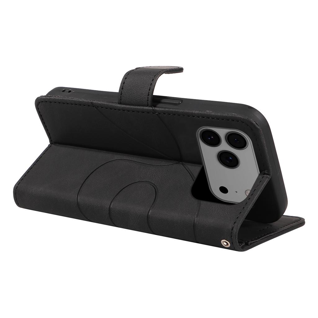 For iPhone 17 Pro Max Wallet Case Leather Phone Cover Stand with Curved Line Design