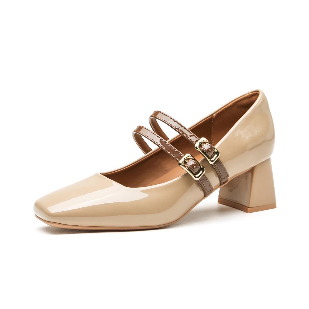 Мода 2025 Женские туфли на каблуке Весенние туфли Мэри Джейн с квадратным носком и двойной пряжкой Осенние женские лакированные туфли на толстом высоком каблуке