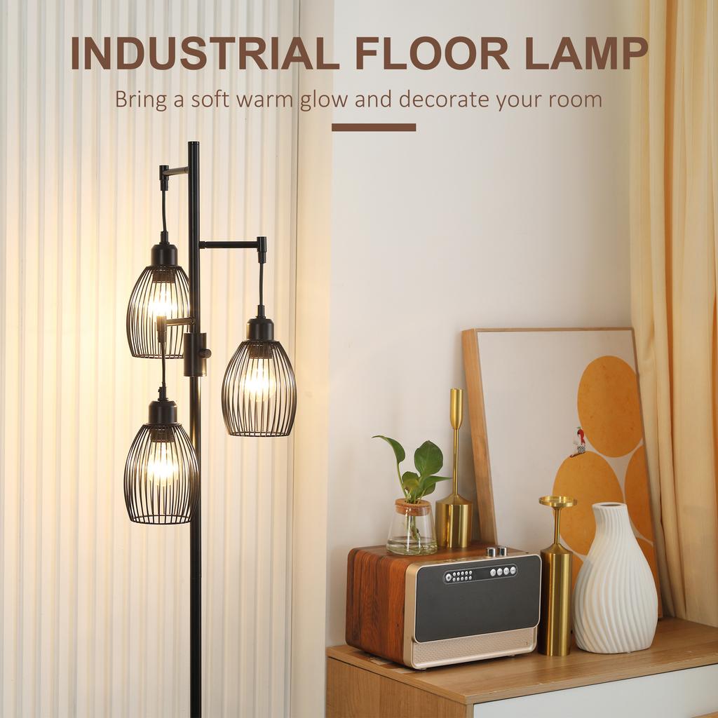 3-Light Floor Lamp, 170cm Industrial Dimmable Standing Lamp with Steel Wire Cage Lampshades for Living Room, Bedroom, Dining Room, Study