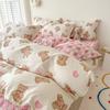 Cartoon Bear Duvet Cover with 2 Pillowcases Girls Room Pink Plaid Reversible Comforter Covers Cute Bow Bedding Quilt Cover Set