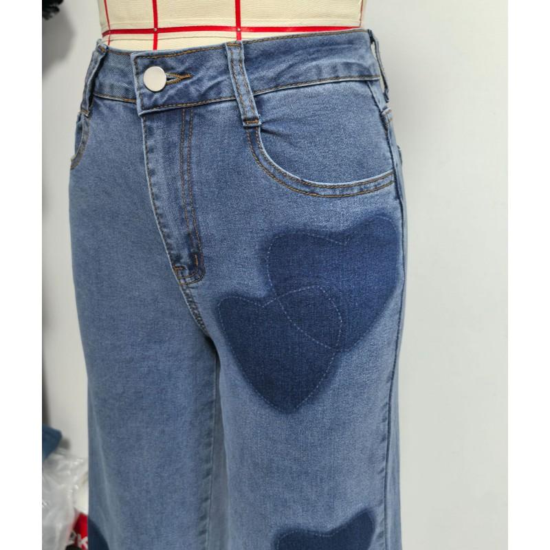 Womens High-Waist Wide-Leg Denim Pants With Heart Print Relaxed Fit Vintage Washed Stretch Cotton Blend Streetwear Style