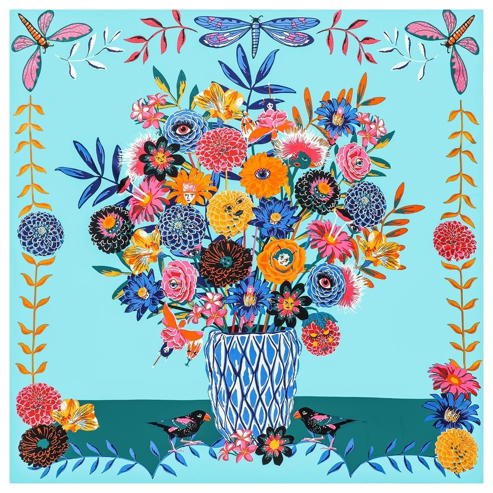 New Silk Scarf Women Large Shawls Bottle Flowers Square Scarves Wraps Bandana Luxury Kerchief Hijab Scarf Female Foulards