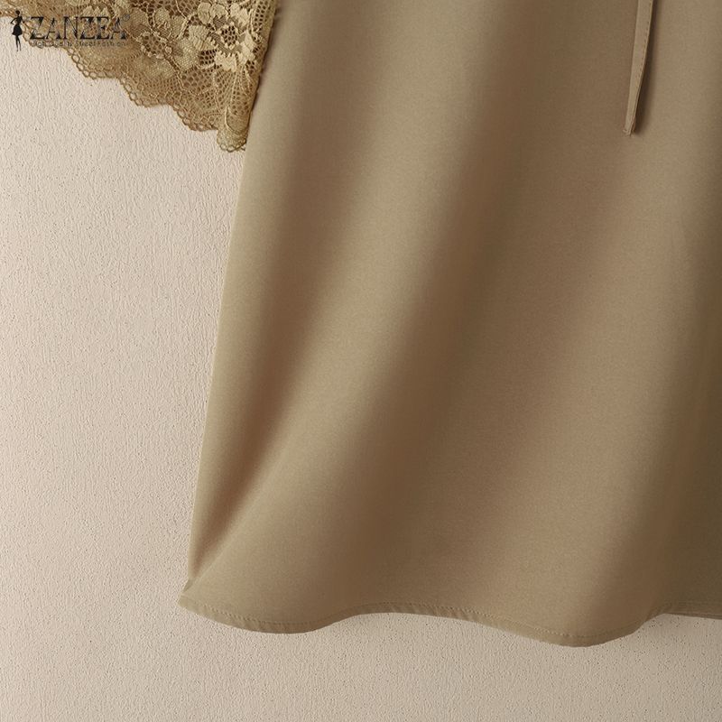 ZANZEA Женская повседневная блузка с круглым вырезом, кружевной вставкой и коротким рукавом