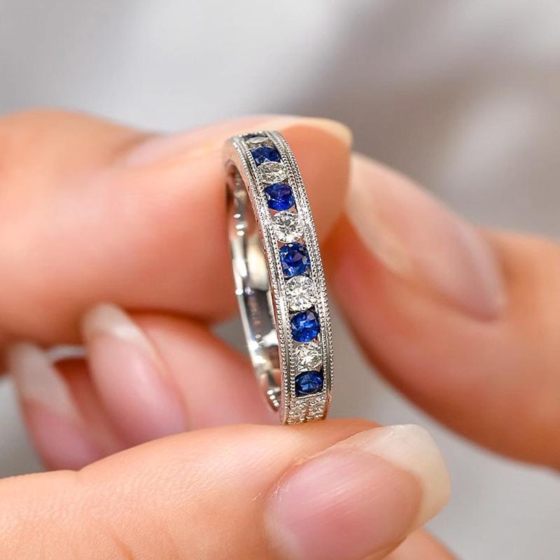 Huitan Luxury Blue/White Cubic Zircon Rings for Women Classic Wedding Engagement Band Accessories Silver Color Eternity Jewelry