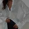 Women Summer Tops Shiny Sequins Decor Shirt Coat Solid Color Loose Fit Lapel Long Sleeve Buttons Placket Shirt Tops