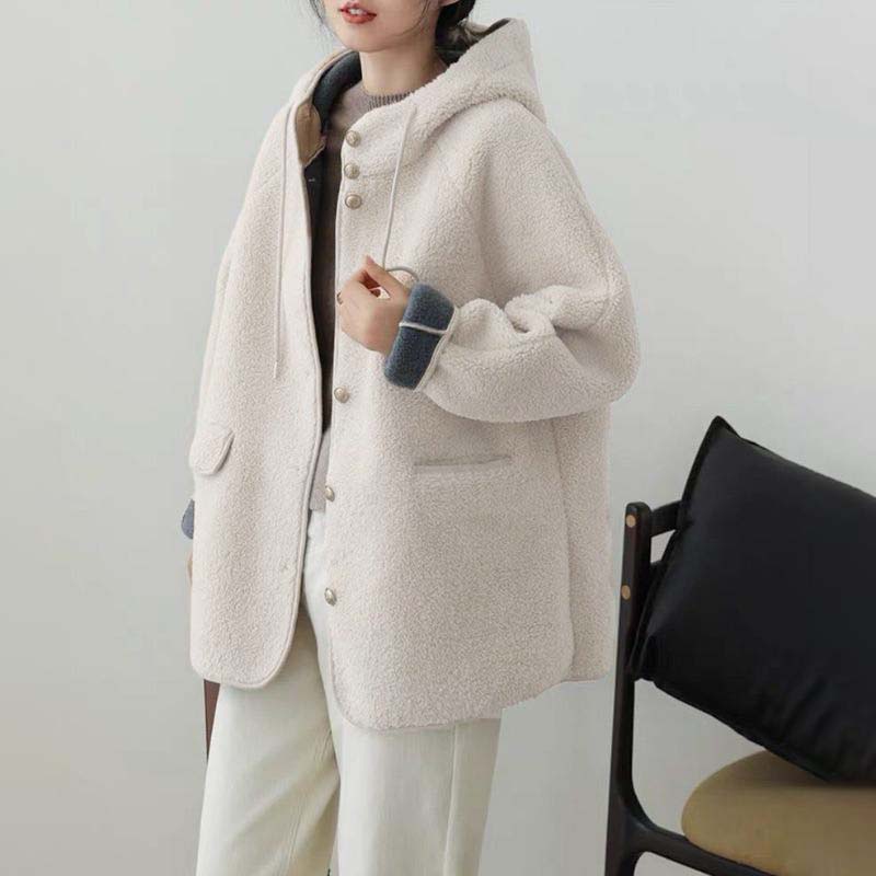 Женские свободные куртки с капюшоном из овечьей шерсти, повседневные однобортные толстые пальто, зимнее теплое пальто с длинным рукавом из гранулированного бархата