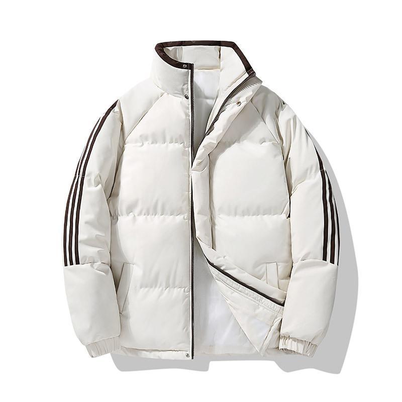 2024 зима новый однотонный ленивый воротник-стойка хлопковая одежда утолщенная теплая куртка три полоски студенческая хлопковая подкладка одежда