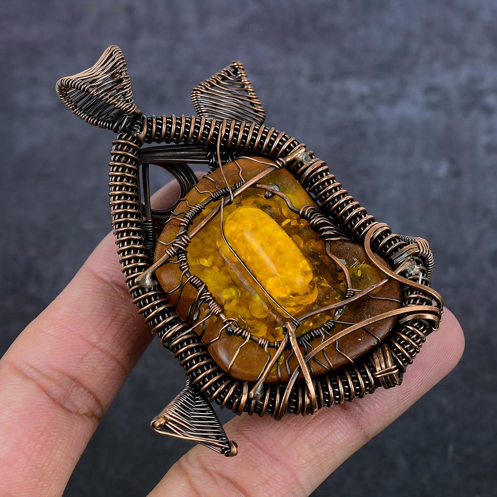 Natural Baltic Amber Gemstone Copper Wire Wrap Jewelry Pendant 3.35" U1B36