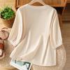 Women's Cotton Linen Tops Retro Chinese Button Top 3/4 Sleeve V Neck Shirts