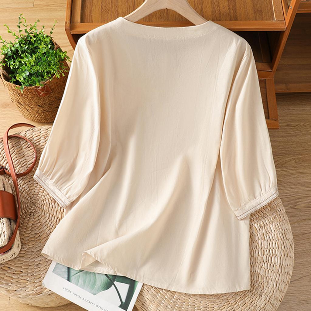 Women's Cotton Linen Tops Retro Chinese Button Top 3/4 Sleeve V Neck Shirts