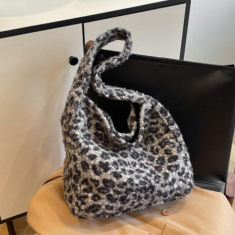 Bag Women'S Fashion Imitation Lamb Plush Large Capacity Shoulder Bag Leopard Print Tote Bag