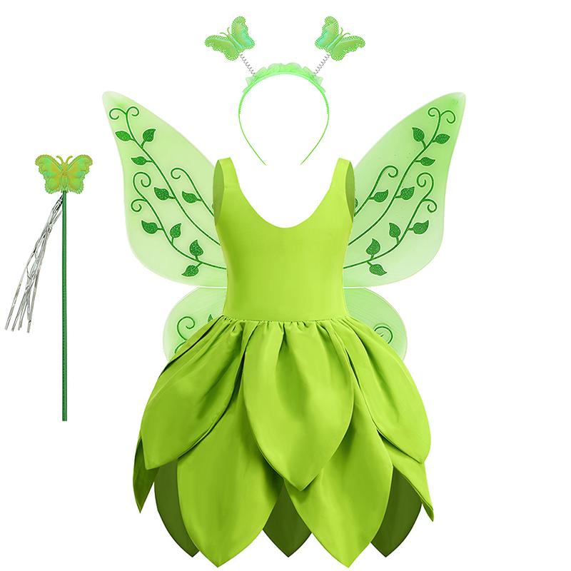 Summer Fancy Girl Tinker Bell Princess Dress Up Christmas Halloween Role Play Green Elf Children Costume Fairy Kids Clothes