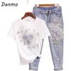 Женский комплект из двух предметов Danmo, 2 шт., летняя футболка с короткими рукавами и 3D цветочной вышивкой + тяжелый рабочий джинсовый костюм с рваными джинсовыми брюками